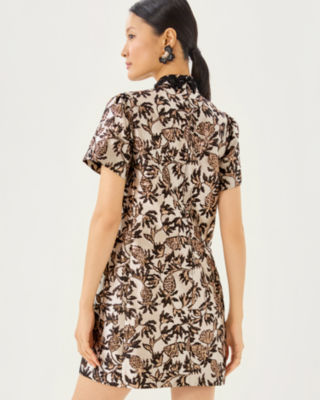 Teddy Jacquard Shift Dress, Noir Pineapple Puff Metallic Jacquard, large image 2