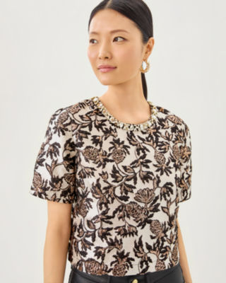 Folie Beaded Cropped Top, Noir Pineapple Puff Metallic Jacquard, large image 2