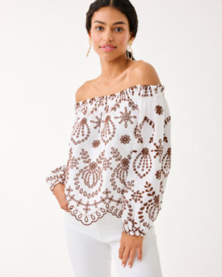 Ketsia Eyelet Off-the-Shoulder Top, French Roast Engineered Medallion Eyelet, large image 3