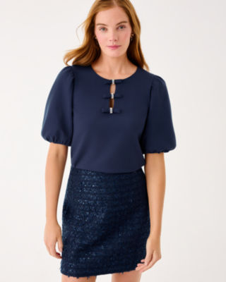 Ethenia Bow Knit Top, Low Tide Navy, large