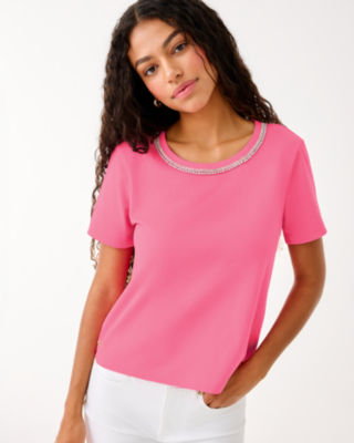 Clairmont Rhinestone Knit Top, Confetti Pink, large