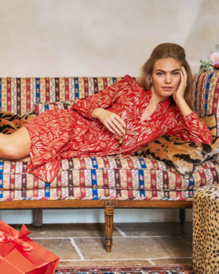 Cornellia Silk Dress, Cranberry Red Leafy Babe Metallic Silk Clip, large