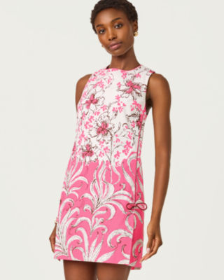 Ettie Stretch Shift Dress, Confetti Pink Bumbley Buzz Overlay Engineered Woven Sh, large