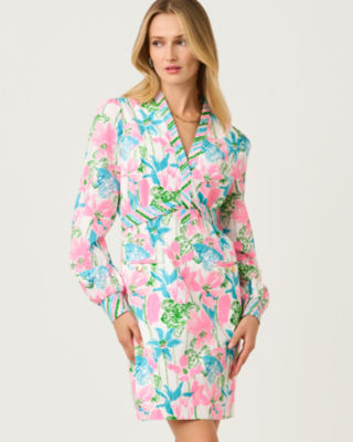 Phillipa V-Neck Stretch Dress, Resort White Viney Liney Engineered Woven Dress, large