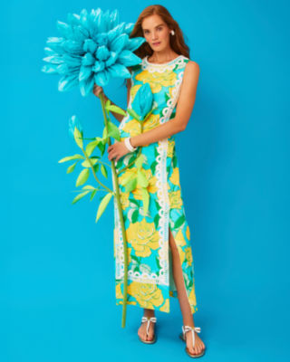 Lotta Stretch Maxi Shift Dress, Blue Curacao Rose Bud, large