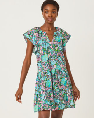 Norella Flutter Sleeve Linen Dress, Multi Royal Zoo, large