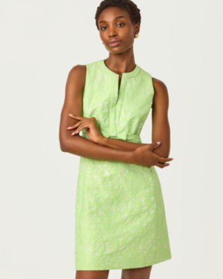 Sobel Shift Dress, Pistachio Macaron Floral Cutwork Metallic Stripe, large