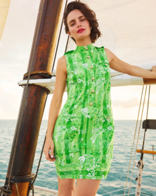 Zorella Popover Shift Dress, Jackfruit Green Roseys Petals Overlay, large