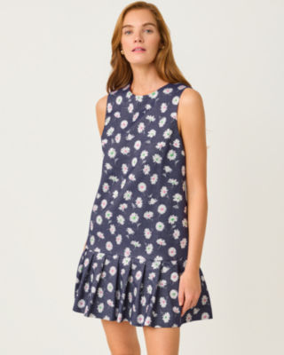 Joey Shift Dress, Low Tide Navy Petal Toss Metallic Jacquard, large