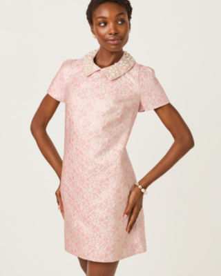 Mylan Short Sleeve Shift Dress, Conch Shell Pink Ritsy Ditsy Metallic Brocade, large