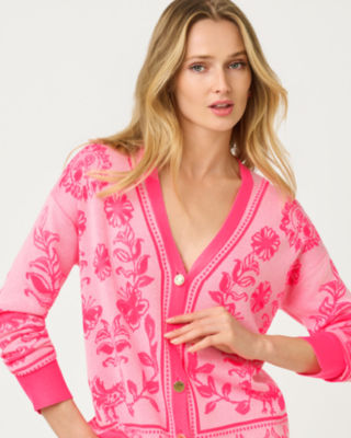 Maralisa Jacquard Cardigan, Conch Shell Pink Follow The Sun Jacquard, large image 1