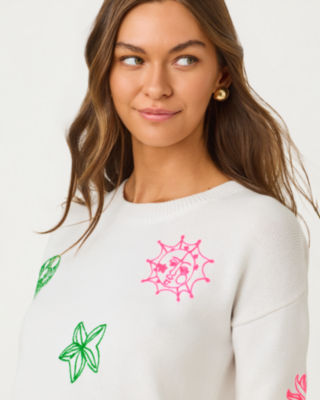 Tensley Embroidered Sweater, Resort White Fleur De Lilly Embroidery, large image 2