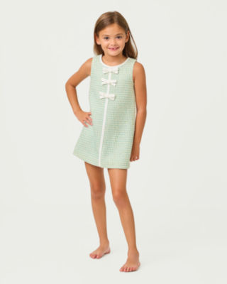 Girls Mini Aria Shift Dress, Capri Blue Fantasy Boucle, large