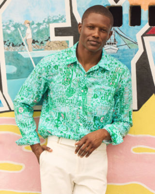 Men's Stuff Addison Button Down Shirt, Bunny Blue Key West Destination, large