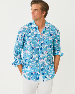 Men's Stuff Addison Button Down Shirt, Capri Blue North Carolina Destination, large