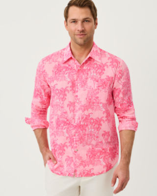 Men's Stuff Addison Button Down Shirt, Conch Shell Pink Palm Beach Destination, large