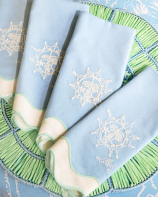 Embroidered Scalloped Dinner Napkins, Hydrangea Blue Embroidered Napkin Set, large