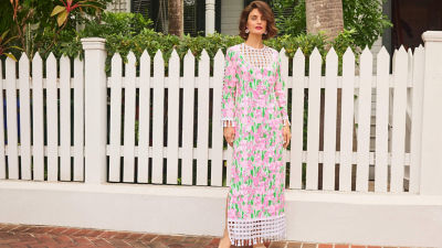 model wearing pink outfit