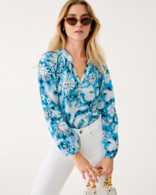 Elsa Silk Top, Bellevue Blue Lilly Gulls, large