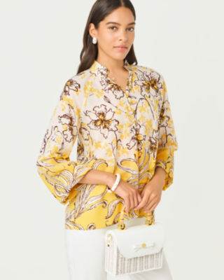 Renisha Long Sleeve Top, Estelle Yellow Bumbley Buzz Engineered Woven Top, large