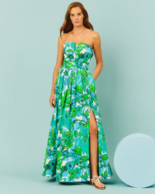 Ivella Strapless Maxi Dress, Capri Blue Rousseaus Roses Overlay, large
