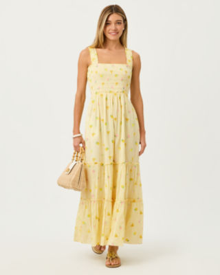 Hadly Smocked Maxi Dress, Estelle Yellow Ltwt Oxford Stripe With Lemon Bee Embroi, large