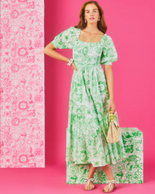 Hadly Short Sleeve Smocked Maxi Dress, Putting Green Fleur De Lilly, large