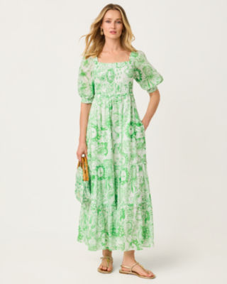 Hadly Short Sleeve Smocked Maxi Dress, Putting Green Fleur De Lilly, large image 1