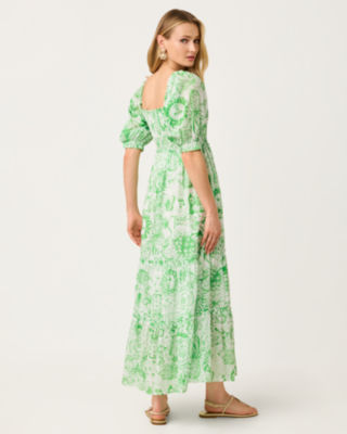 Hadly Short Sleeve Smocked Maxi Dress, Putting Green Fleur De Lilly, large image 2