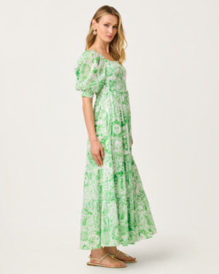 Hadly Short Sleeve Smocked Maxi Dress, Putting Green Fleur De Lilly, large image 3