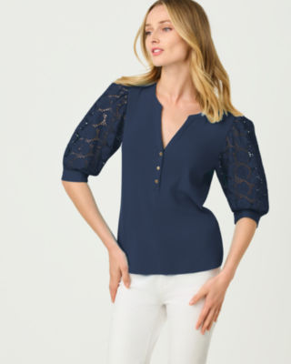 Ronson Eyelet Knit Top, Low Tide Navy, large
