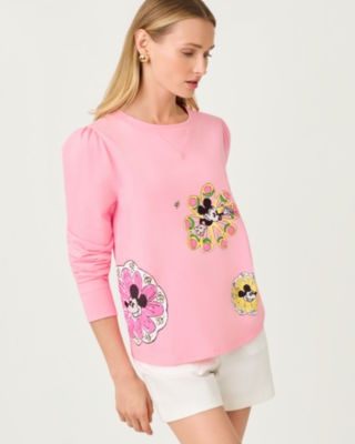 Elmaria Puff Sleeve Sweatshirt, Conch Shell Pink Throwback Disney Graphic, large