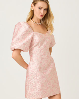 Justina Puff Sleeve Skirted Romper, Conch Shell Pink Ritsy Ditsy Metallic Brocade, large