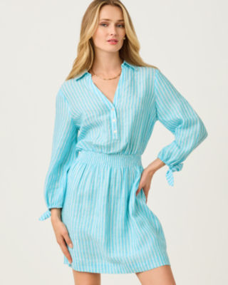 Abralynn Linen Shirtdress, Capri Blue Saint Tropez Stripe, large