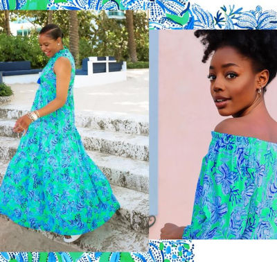 women smiling wearing printed dresses in our newest print, keepin it reel 