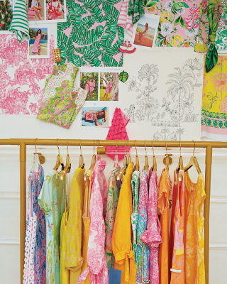 home office with lilly prints on the wall