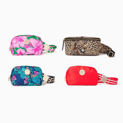 assortment of printed belt bags