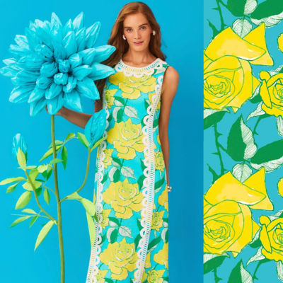 model wearing blue and yellow print