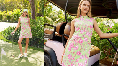 model wearing pink and green active dress