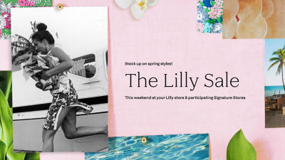 Lilly sale announcement for spring with an image of Lilly and prints