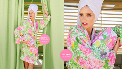 model wearing a green and pink robe