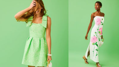 model wearing short green dress