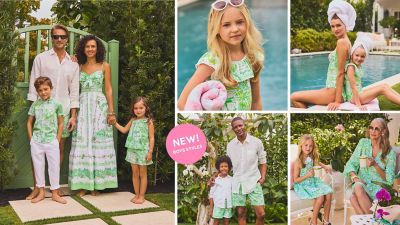 model wearing matching prints collage