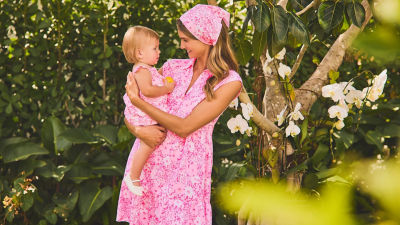 model wearing matching prints with baby