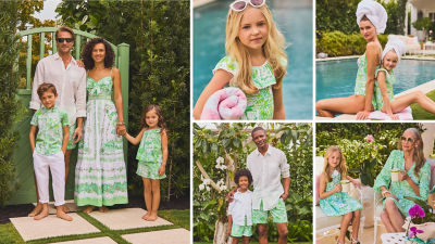model s wearing green print outfits