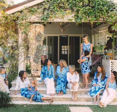 Pulitzer family wearing blue and white shell printed Barefoot in Paradise collection