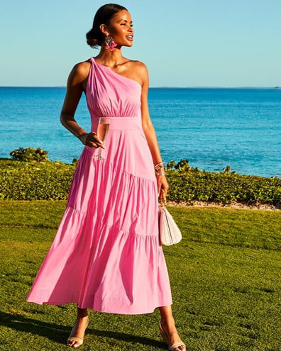 model wearing long pink dress