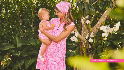 models wearing pink printed outfits