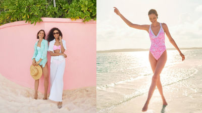 models wearing pink printed outfits