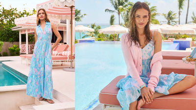 model wearing a blue printed dress with pink and green seashells